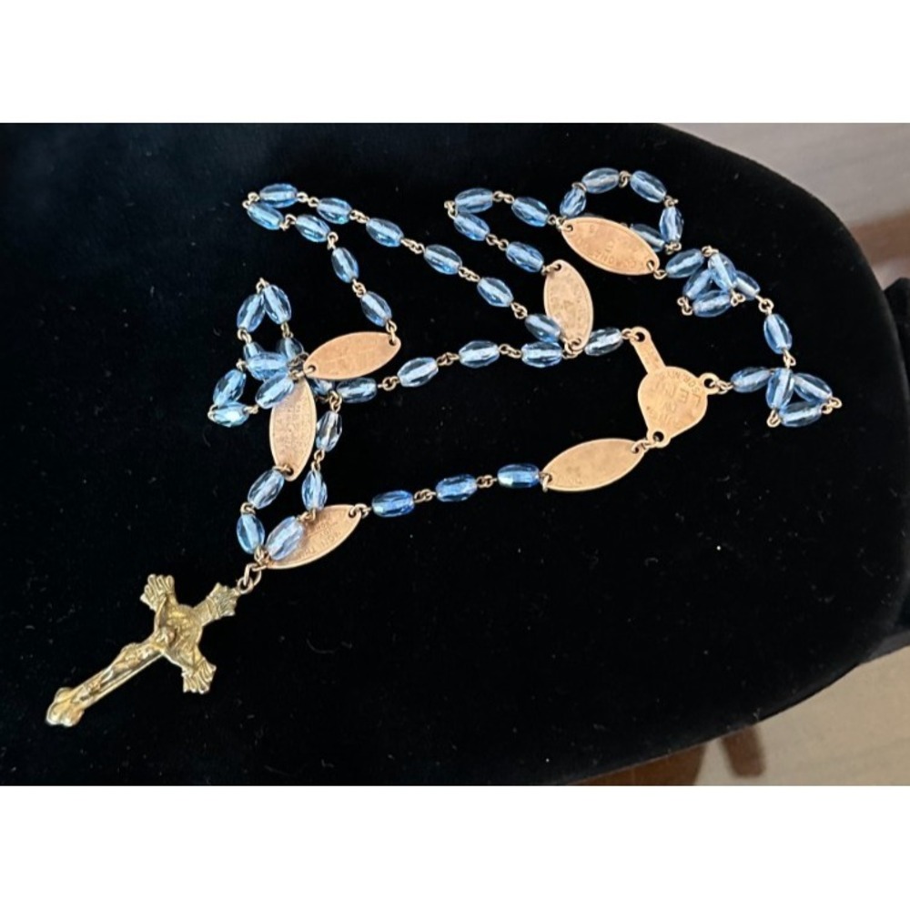 Blue Glass Beads Rosary Crucifix / Mother Mary/Sacred Heart Seven Sorrows